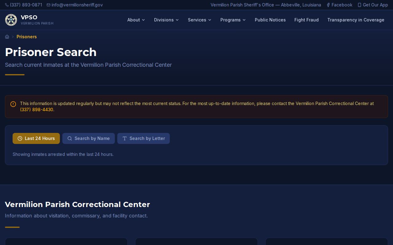 Vermilion Parish recent arrests prisoner search interface