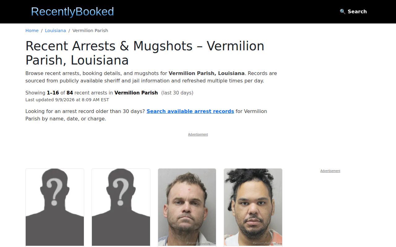 Unofficial Vermilion Parish recent arrests index interface